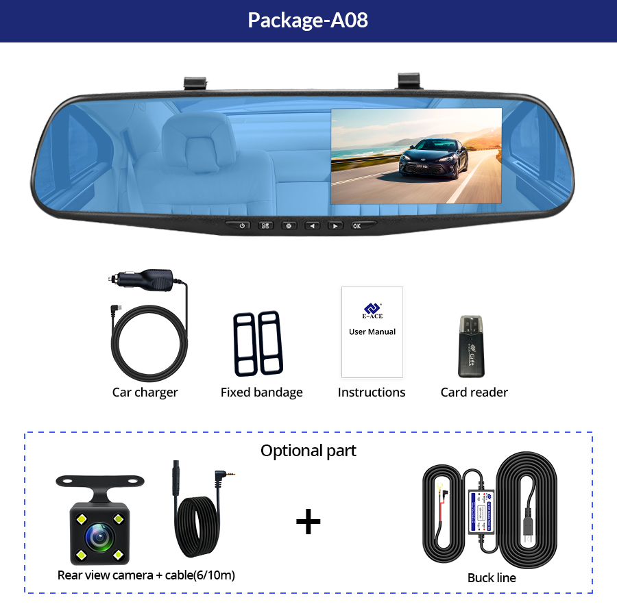 Dashcam 4.3 pouces 1080P IPS voiture DVR enregistreur de conduite rétroviseur double lentille enregistreur de voiture avant et arrière boîte noire