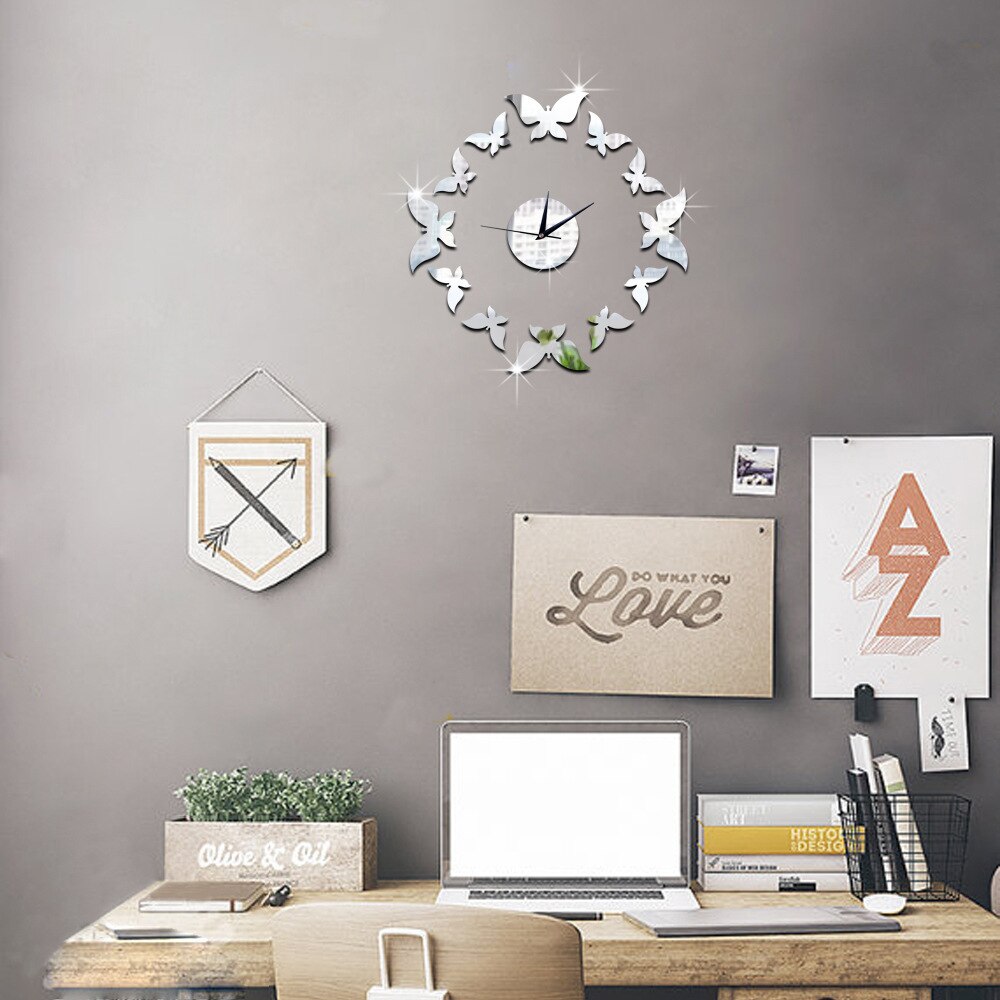 Baggrund vægdekoration krystal tredimensionelt sommerfugl ur spejl miljø akryl wallsticker cms 05