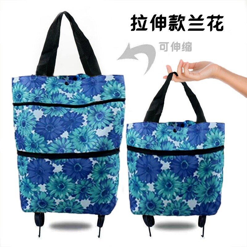 12 Stijlen Mode Zakken Opvouwbare Boodschappentas Met 2 Wielen Draagbare Winkelwagen Trolley Kruidenier Bagagedrager Winkelwagen Tas: Blue Flower