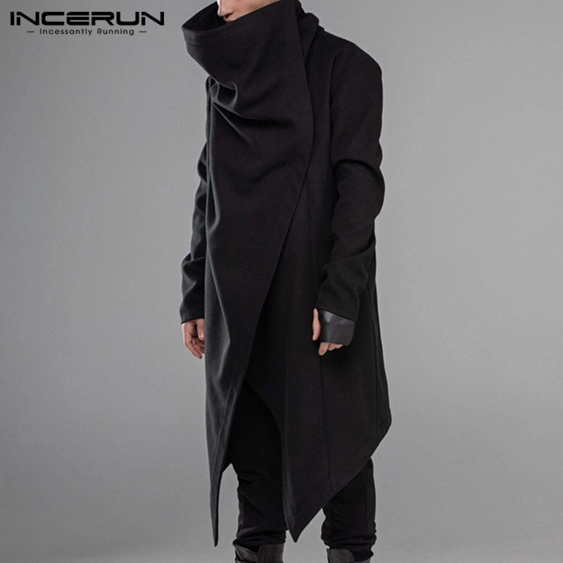 Incerun Mannen Mantel Jassen Coltrui Solid Lange Mouwen Streetwear Casual Mannen Cape Bovenkleding Punk Stijl Onregelmatige Zoom Jassen S-5XL