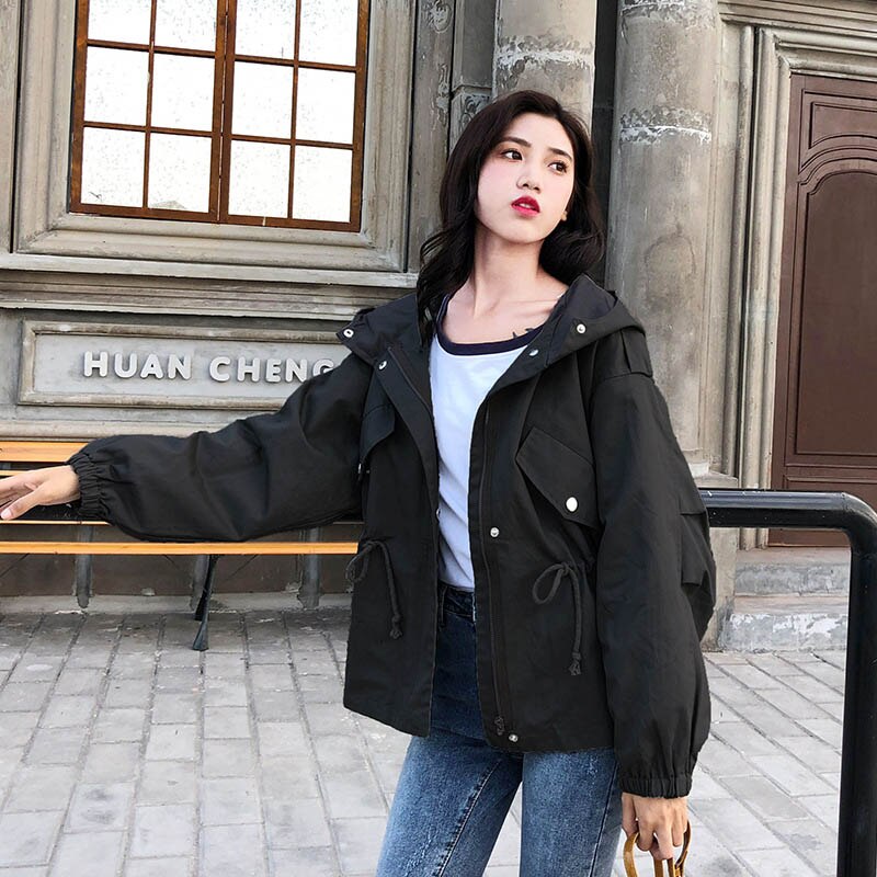 Loose Trend Trench Coat Spring Autumn Women's Hooded Harajuku Short Section Windbreaker Outerwear Female Casual Trench Coat
