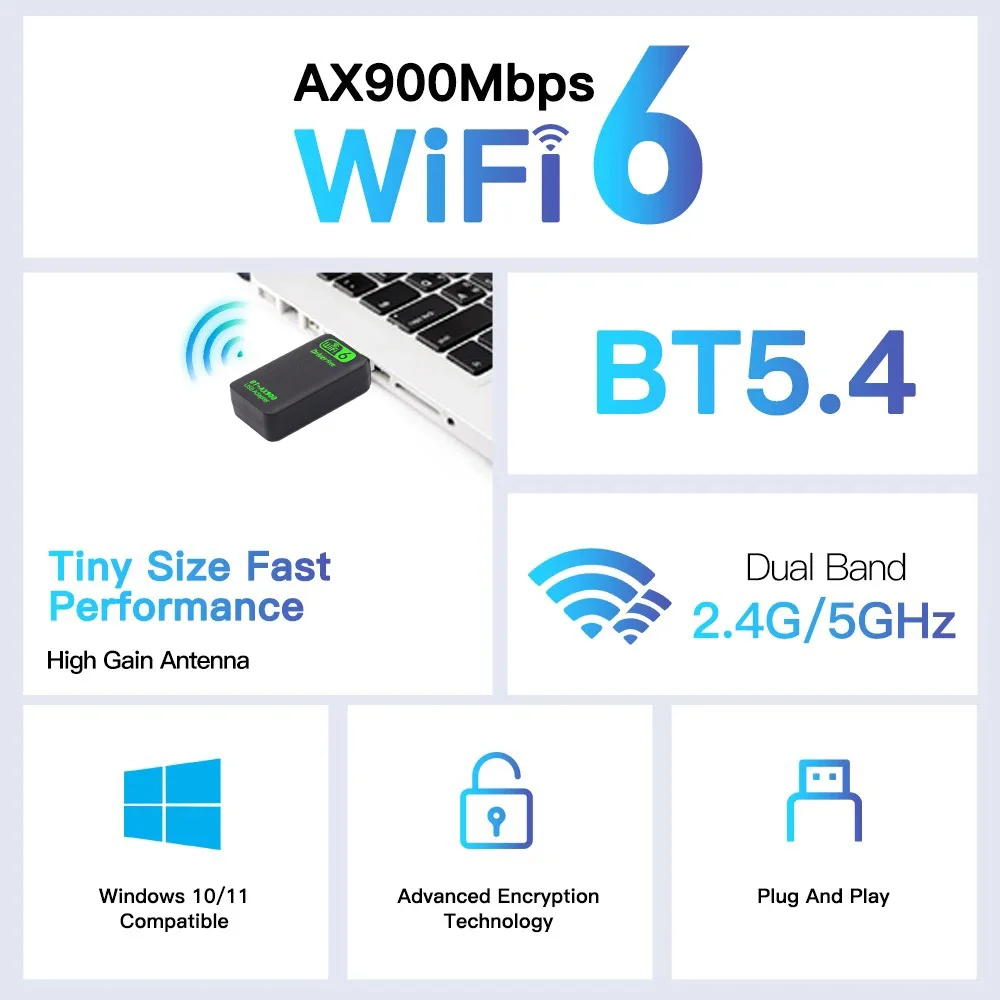 Bluetooth 5.4 WiFi 6 AX900 WiFi USB Adapter Wireless Network Card 2.4G 5GHz Wi-Fi Receive USB For PC Laptop Win10 11