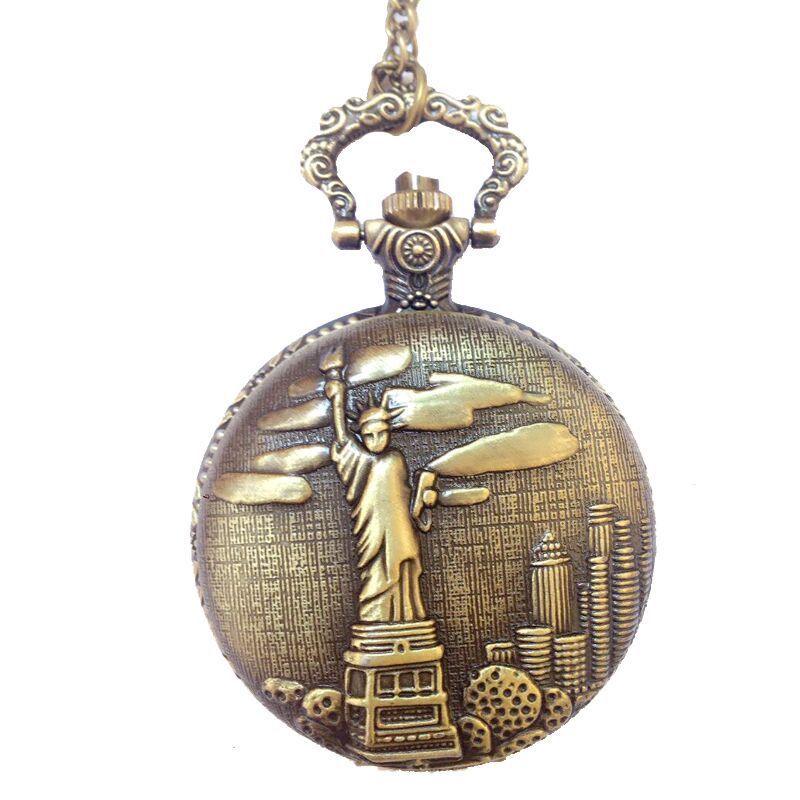 8072 Brons Gesneden "Vrijheidsbeeld" Prachtige Klassieke Pocket Horloge Met Arabische Cijfers