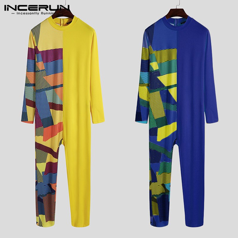 Incerun Mannen Pyjama Jumpsuit Homewear Patchwork O Hals Lange Mouwen Leisure Rompertjes Zipper Skinny Gezellige Overalls Nachtkleding S-5XL