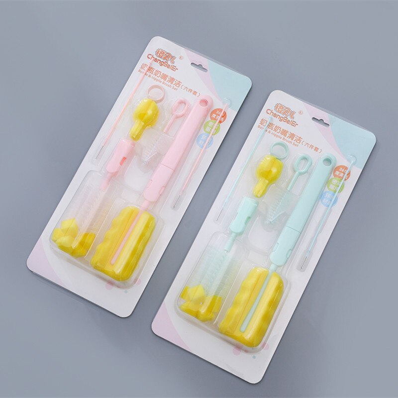 6pcs/set Baby Kitten Water Milk Bottle Brushes 360 Degree Spong Cleaner + Pacifier Brush + Straw Brush