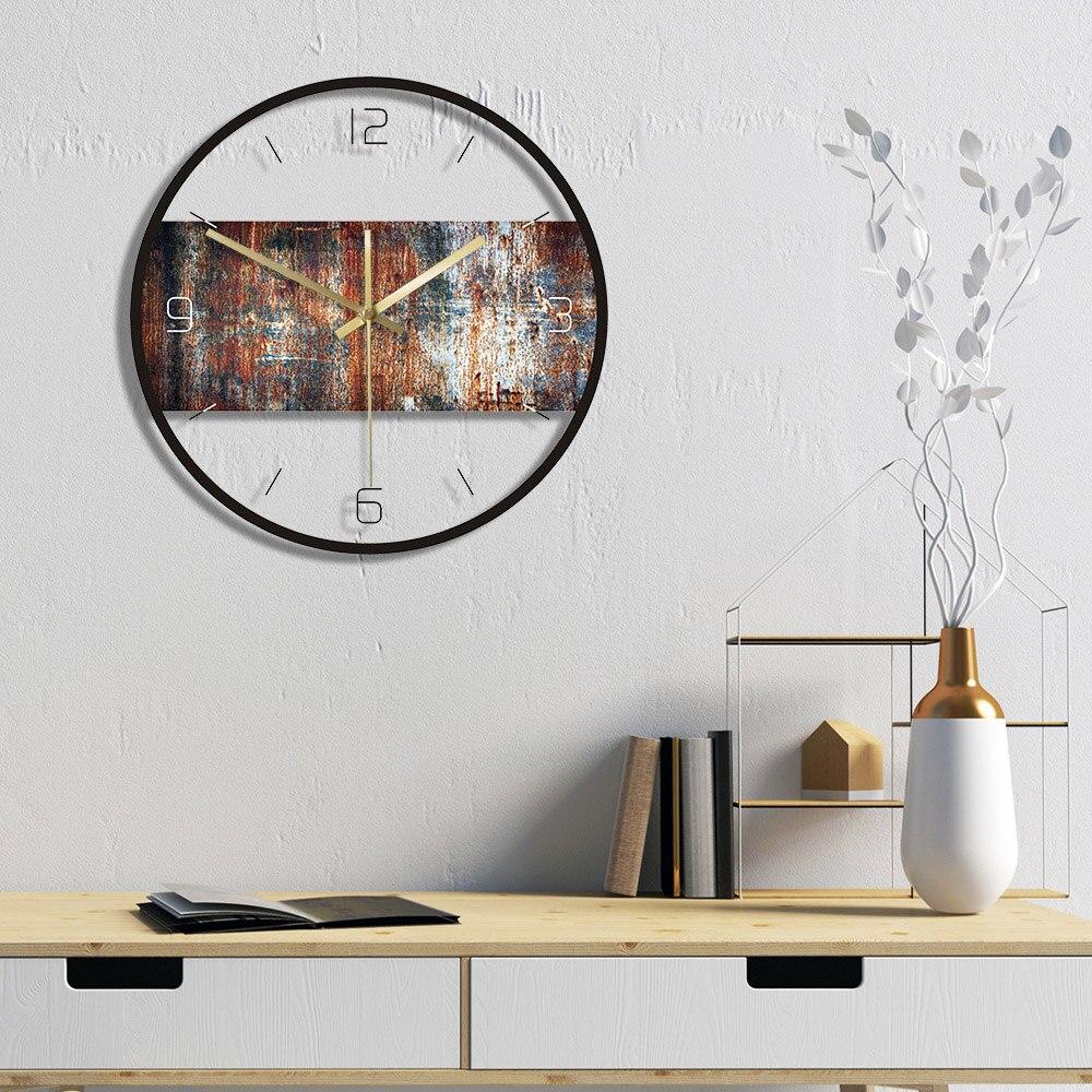 Rusty Metal Texture Printed Wall Clock Iron Faux Patina Covered With Rust Modern Round Vintage Art Wall Watch Housewarming
