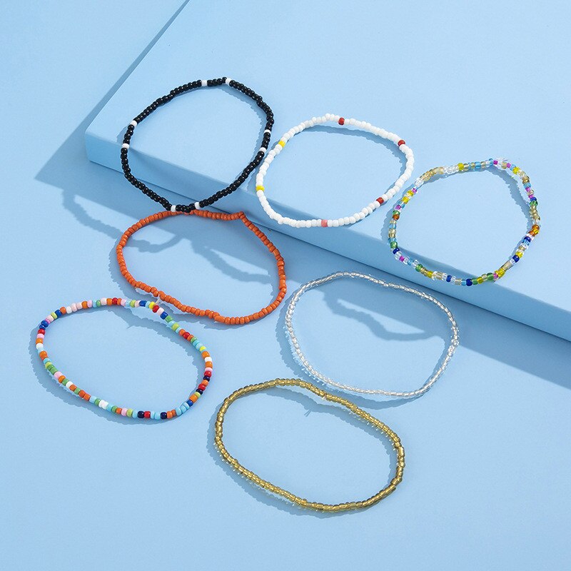 Modyle – Bracelet de cheville perlé fait à la main, couleur arc-en-ciel, élastique sur la jambe, bijoux de plage, 7 pièces/ensemble,