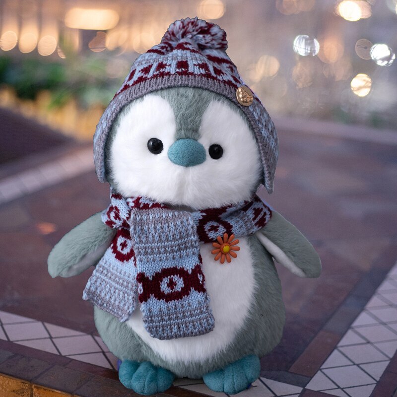 Schattige pluizige pinguïn knuffeldier, knuffeldier, sjaal, muts, aankleedpop, pinguïn, speelgoed voor kinderen, kerst: 45-47cm / Groente