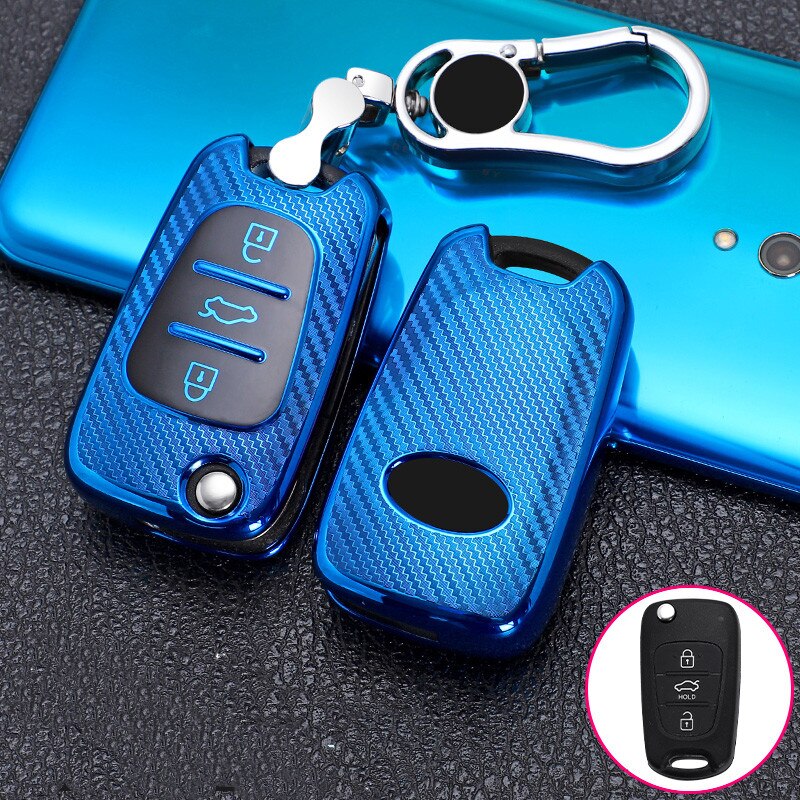 3 boutons en Fiber de carbone TPU voiture à distance clé à rabat housse coque gousset pour Hyundai I30 IX35 Verna pour KIA Sportage Sorento Rondo Soul RIO: Blue one set
