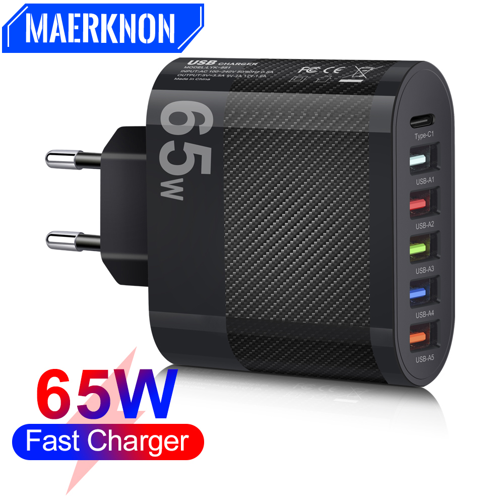 65W 6 Ports USB Type C Fast Charging PD Quick Charger 3.0 Power Adapter For iPhone 14 13 Pro Xiaomi Samsung Oneplus Wall Charger