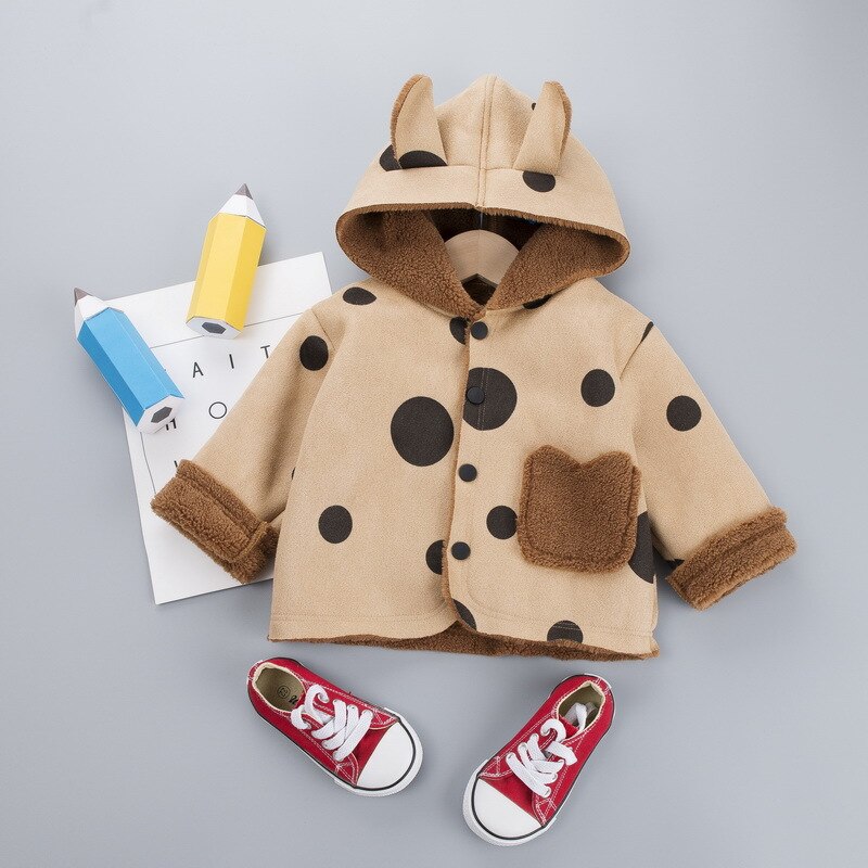 Abrigo con capucha de dibujos animados para bebés, ropa de abrigo informal de lunares, chaquetas gruesas de lana, invierno,