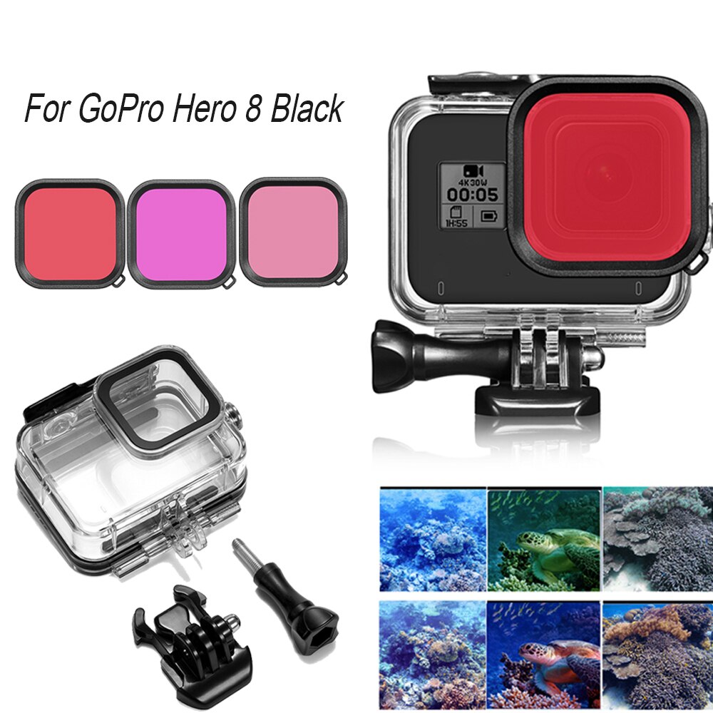 Carcasa impermeable para buceo subacuático, Kit de filtro de lentes de Color para GoPro Hero 8, accesorios para cámara go pro, 45M
