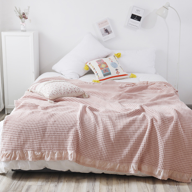 Couvre-lit en mousseline de coton gaufré, couvre-lit d&#39;été en dentelle, respirant, gris, rose, doux et , Plaid sur le lit, le canapé: Pink / 110x160cm