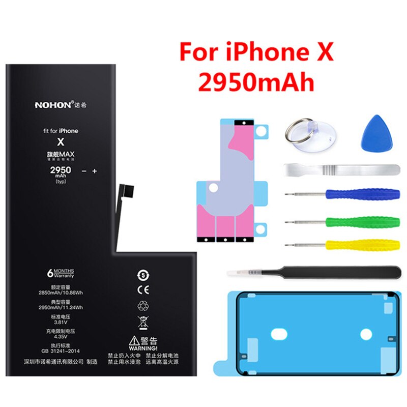 Ad alta capacità Batteria NOHON Per iPhone 5 6 S 6 S 5S 5C SE X 7 8 Più di 6 più di 7Plus 8 Più iPhone5 iPhone6 iPhone7 iPhone8 Strumenti Gratuiti: For iPhone X 2950mAh