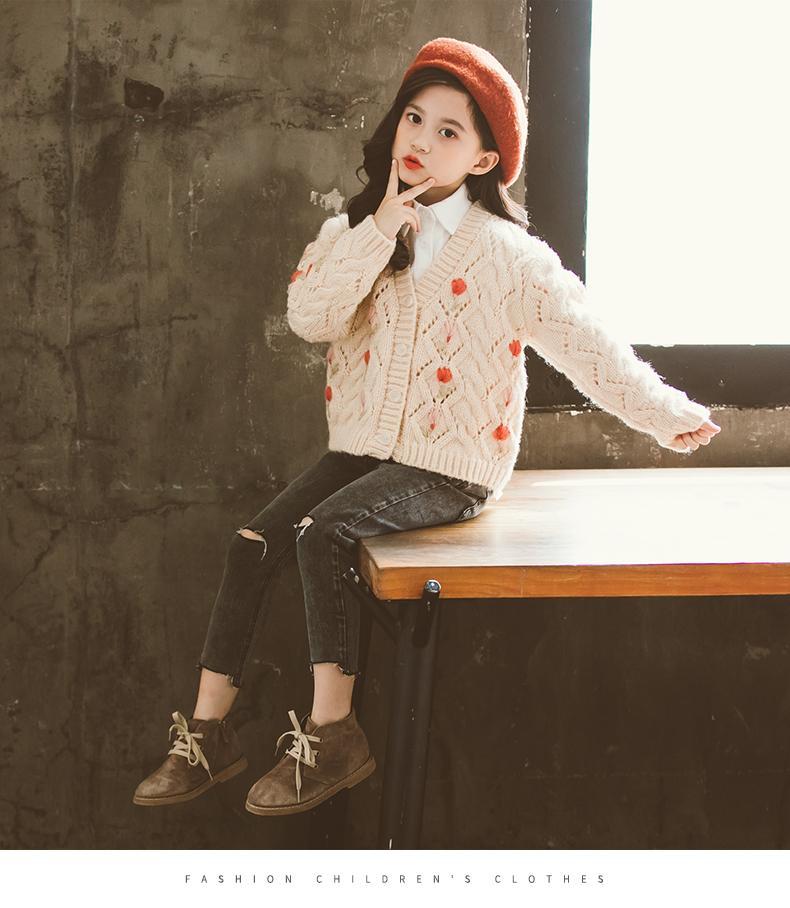 Cardigan floreale lavorato a maglia invernale per ragazze adolescenti 2022 nuova giacca maglione per bambini per bambini grandi primavera maglione autunno moda ragazza Teenager: Beige / 110cm