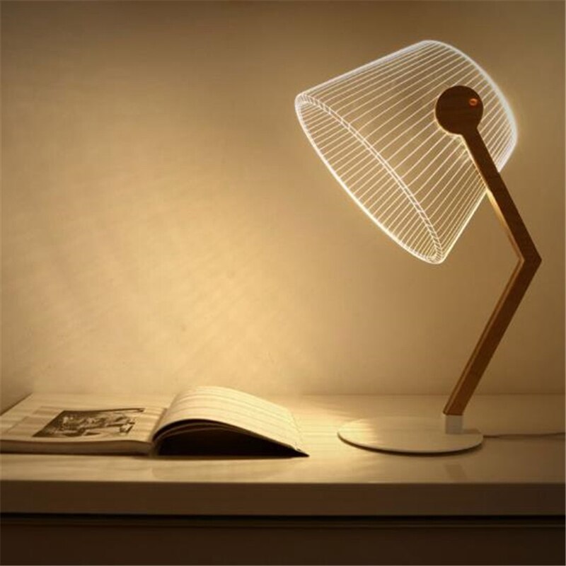 3D Effect Stereo Vision Led Bureaulamp Hout Beugel Acryl Lampenkap Led Lamp Woonkamer Slaapkamer Leeslamp Met Usb plug