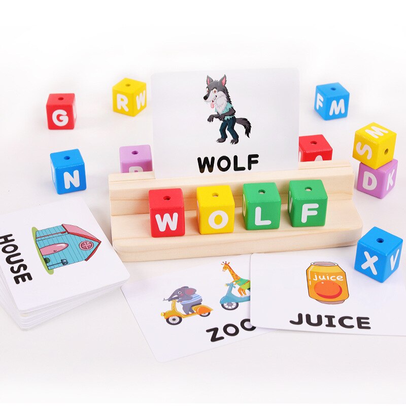 Wooden Letters Stacking Puzzle Words Cognitive Colorful Wooden Blocks Letters Matching Game With Double-Sided Cards