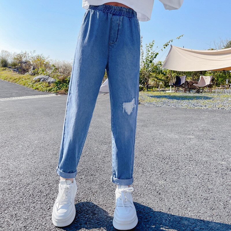 Jean déchiré pour fille de 6, 8, 10, 12, 14 ans, printemps-automne, joli pantalon avec poche en forme de cœur pour enfant et adolescent