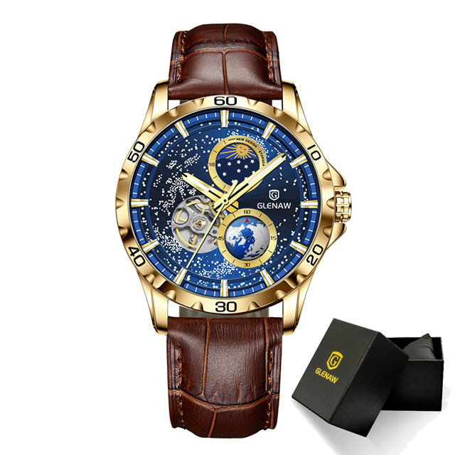 GLENAW Rotierende Erde Doppel Sekundenzeiger Armbanduhr Männer Automatische Mechanische Uhr Sternenhimmel Edelstahl Leder Armband: Rosa
