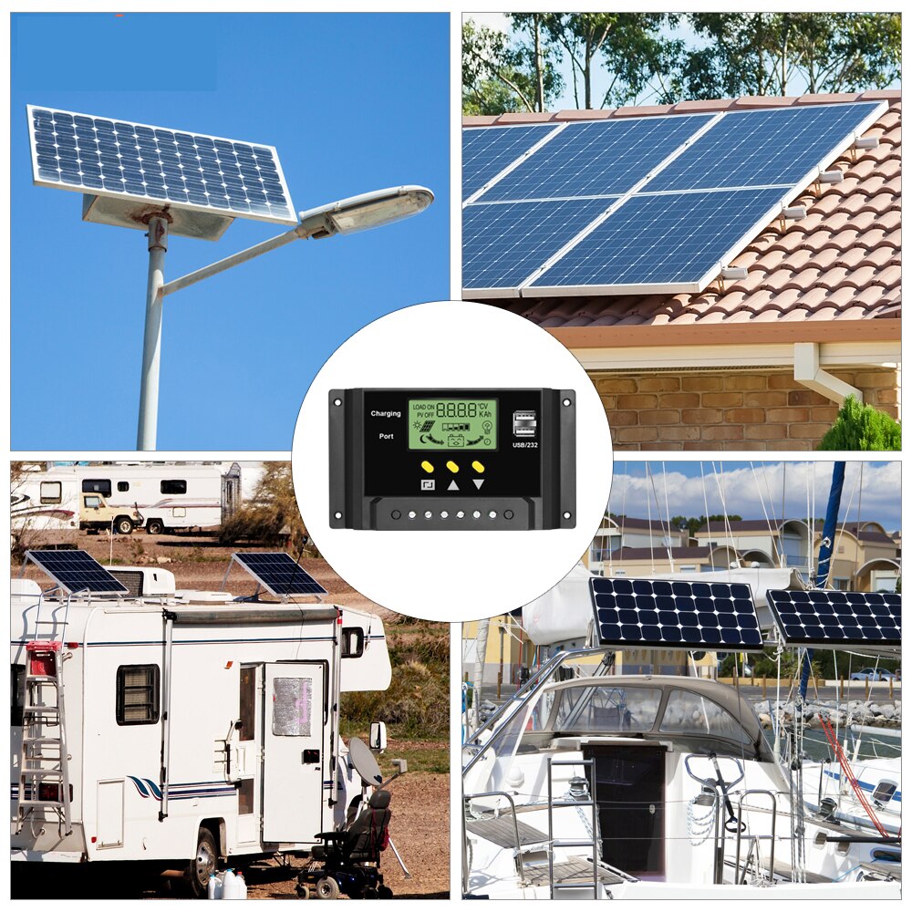 30A Solar Charger Controller 12V/24V Solar Panel Battery Intelligent Regulator with Dual USB Ports, LCD Display