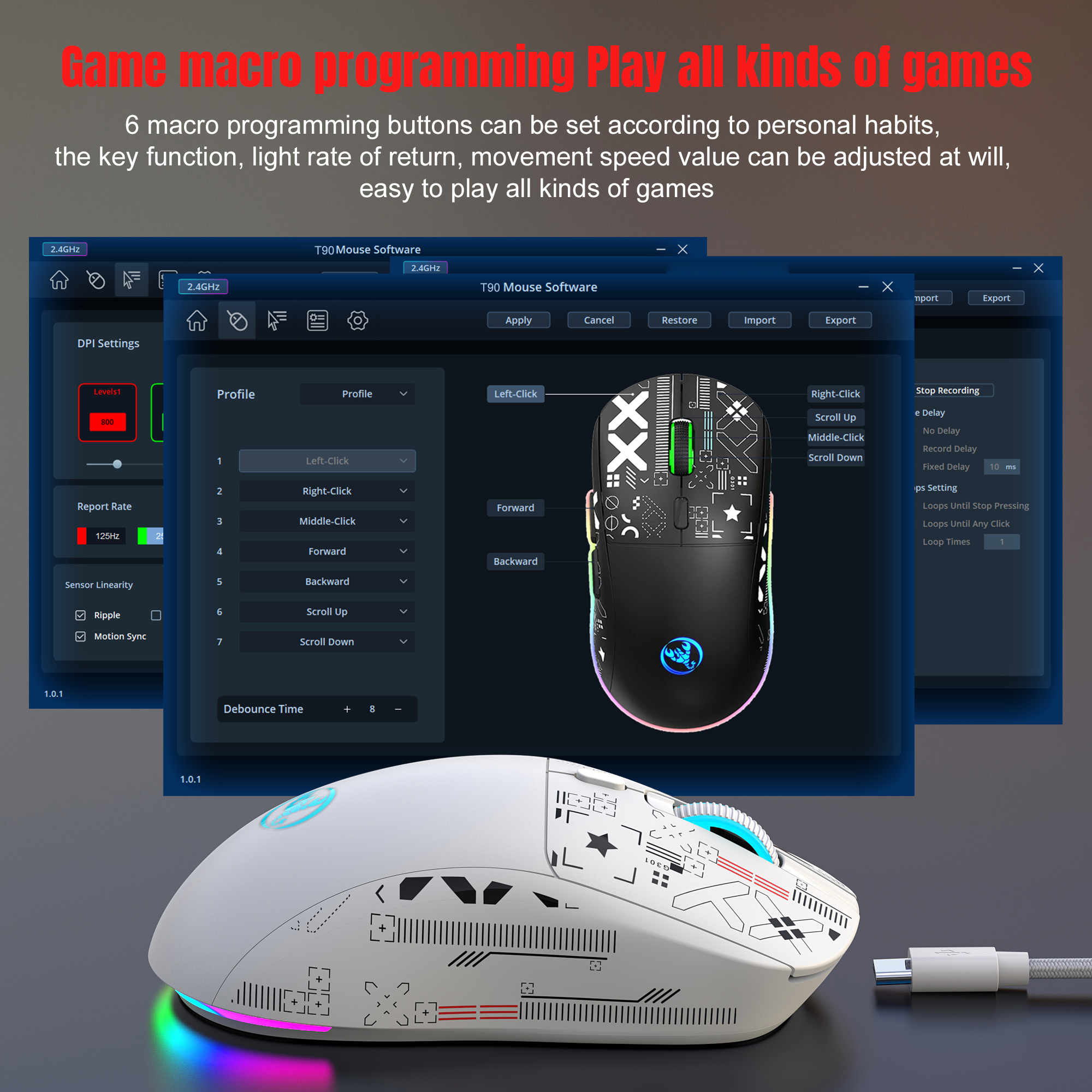 Popularna bezprzewodowa mysz do gier HXSJ T90 2.4G z 3 trybami i ciche przyciskami, ergonomiczna, kolorowa, podświetlana RGB, 650 mAh