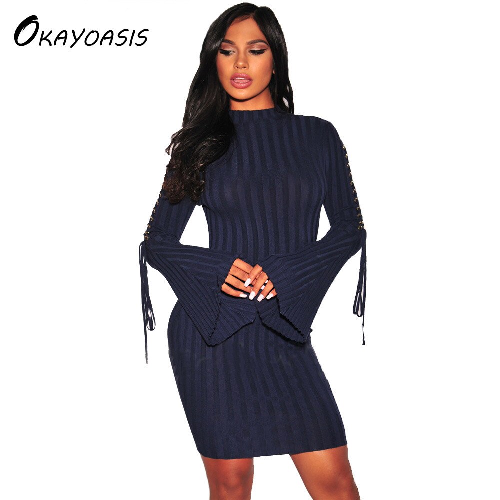 OKAYOASIS Freies Strick Jahrgang Kleid der Neuen frauen Herbst und Winter Bodycon Vestidos Langarm Rollkragen Kleid: DA19978Kleider / XXL