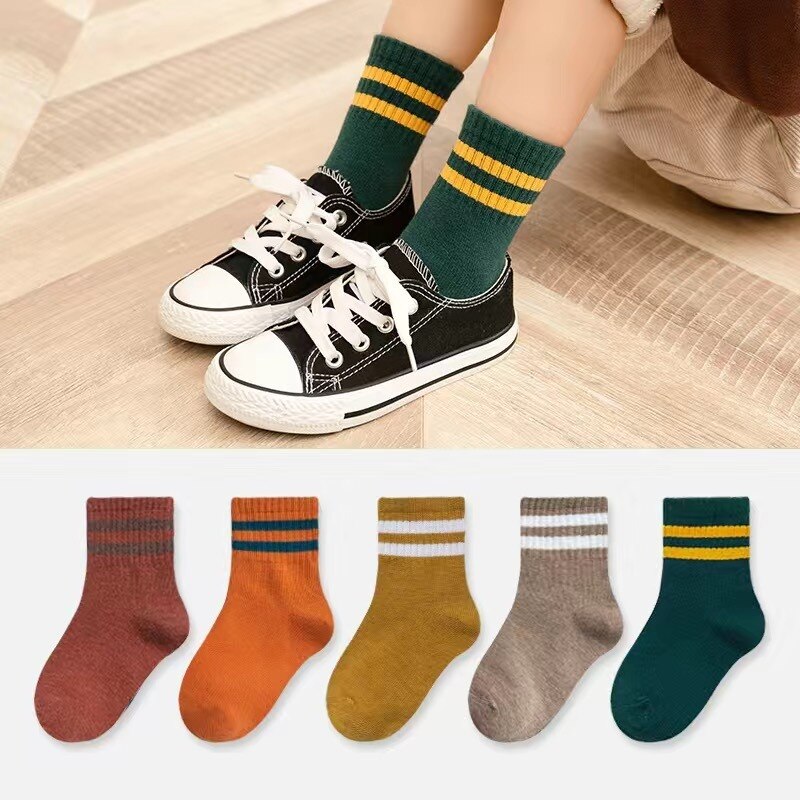 Calcetines de algodón a rayas para niño y niña, medias de tubo deportivas de Color sólido, ropa escolar suave, 5 unids/lote