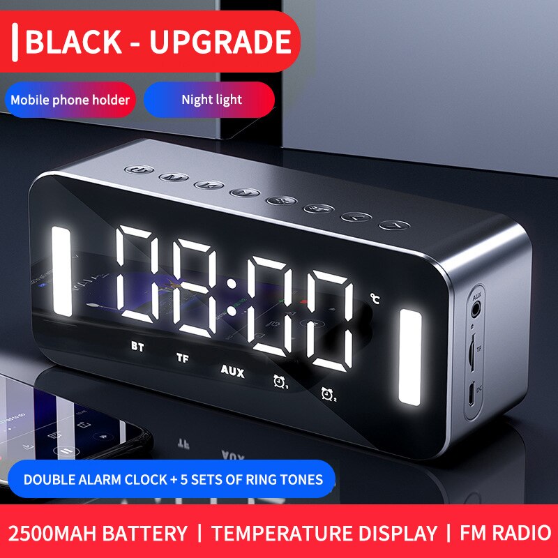 Multifunctionele Wekker Bluetooth Luidspreker Met Fm Radio Led Display Spiegel Snooze Draadloze Subwoofer Muziekspeler Tafel Klok: 04 upgrade