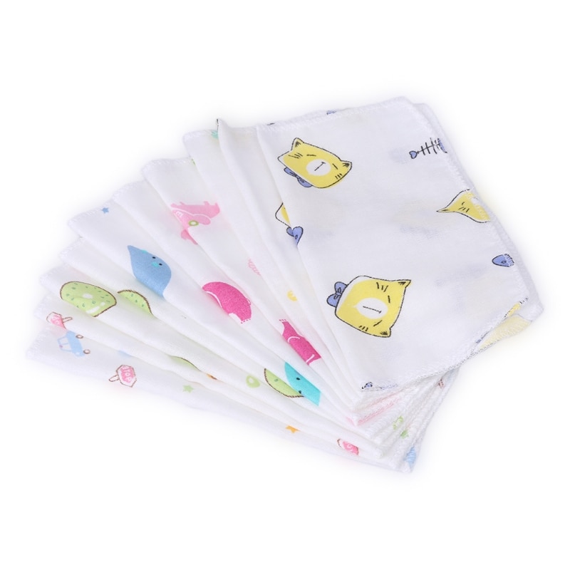 10 stk baby tegneserie ansigtslommetørklæde dobbelt lag 100%  bomuldsgaze småbørn fodring firkantede håndklæder nyfødt