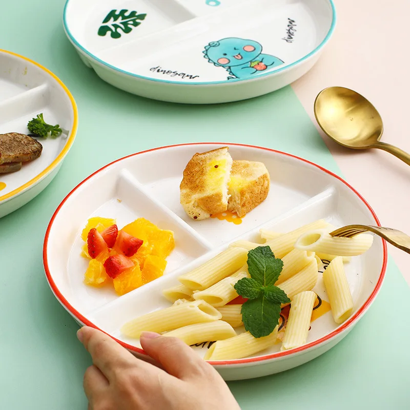 Children's Tableware Cartoon Ceramic Grid Plate for One Person Breakfast Plate Divider Plate Ceramic Dish Serving Platter