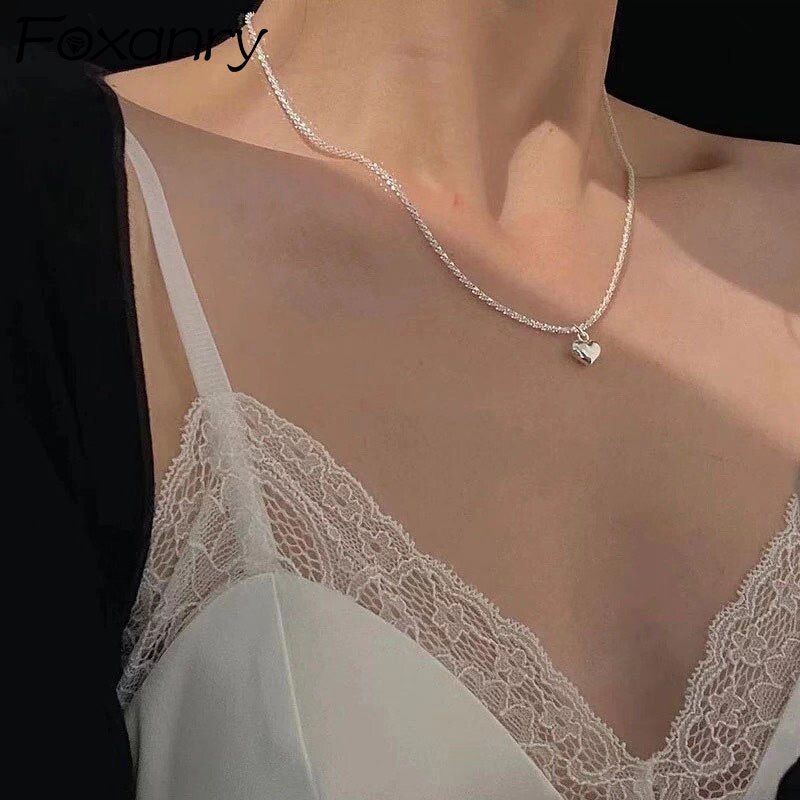 Foxanry 925 collana con timbro per donna estate nuova Trendy elegante semplice catena scintillante dolce amore cuore gioielli da sposa