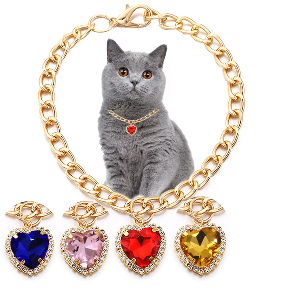 Collier de luxe pour chien et chat, bijoux avec pendentif en forme de cœur et de diamant, chaîne en or, accessoires de Costume d'anniversaire et de mariage pour animaux de compagnie