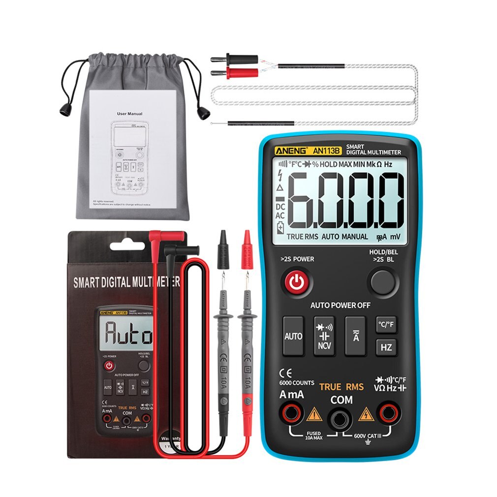 AN113B 6000 Count Multimeter Tester Volledig Intelligente Automatische Range Digitale Multimeter Transistor Voltmeter: Blue