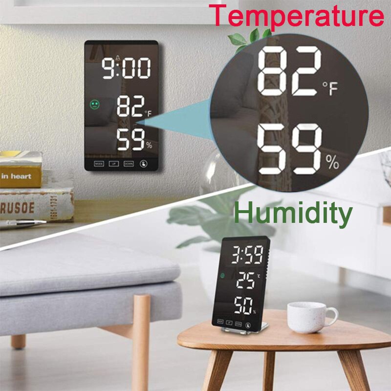 Reloj despertador Digital, estación meteorológica con termómetro, higrómetro de humedad, pantalla de espejo para mesita de noche