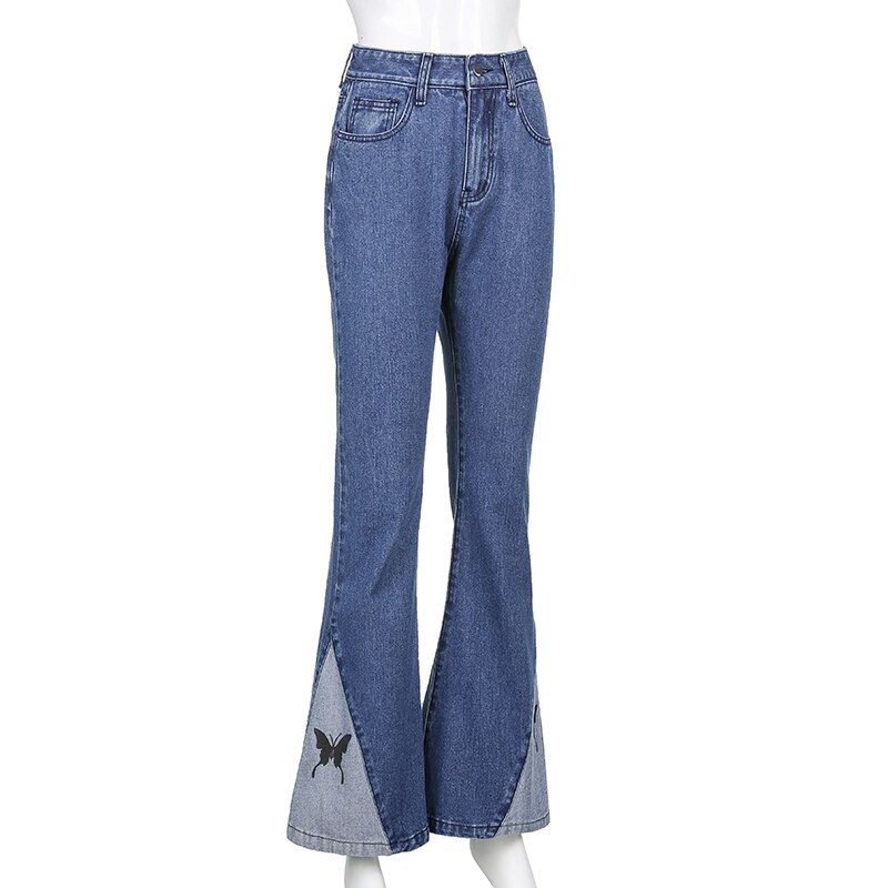 Damskie patchworkowe nadruk z motylem spodnie jeansowe Vintage Cyber Y2k workowate jeansy rozkloszowane 90s spodnie Harajuku Jogger nowa, w stylu Streetwear