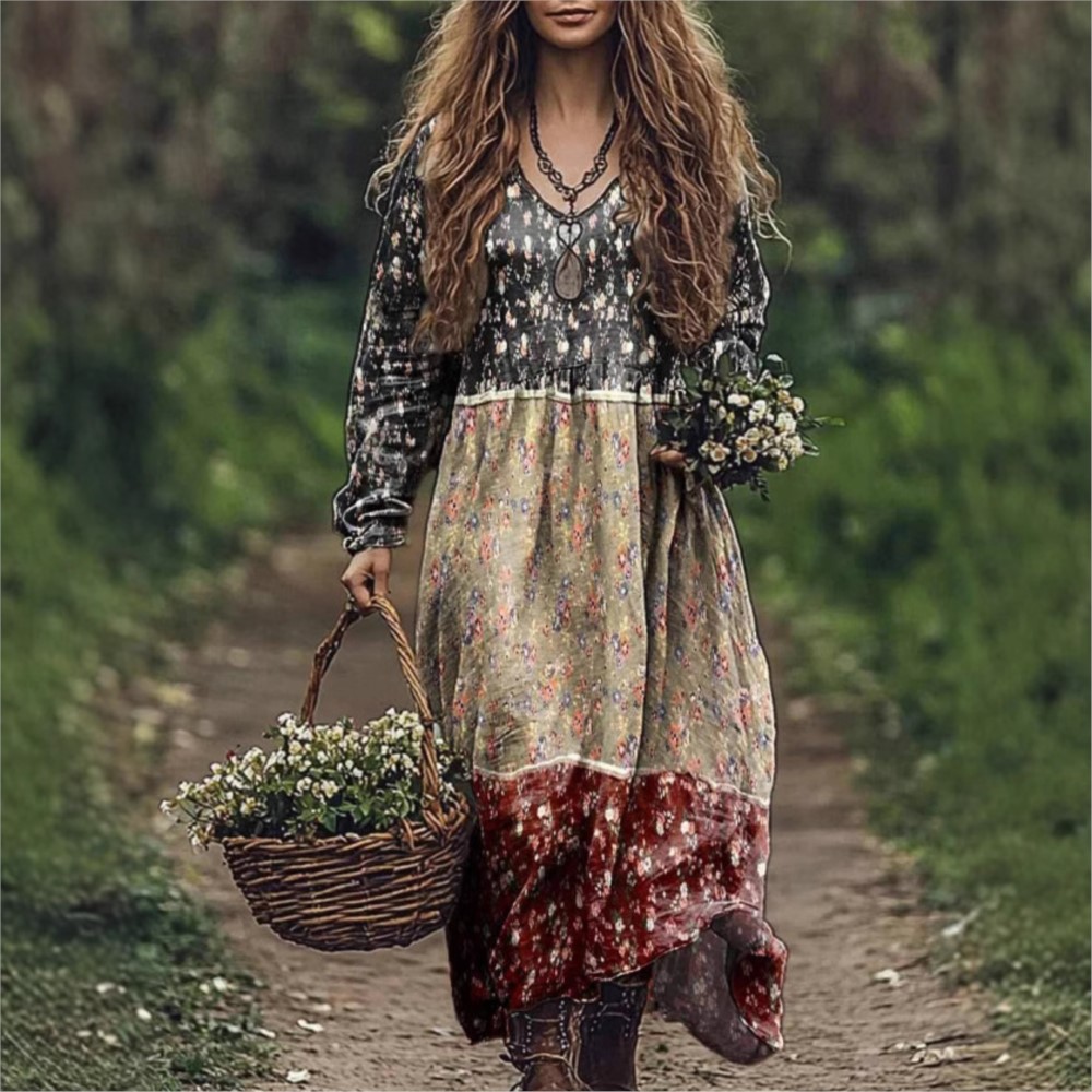 Casual Women's Printed Dress Spring Round Neck Long Sleeved Loose Geometric Pattern Printed Large Swing Dress For Women