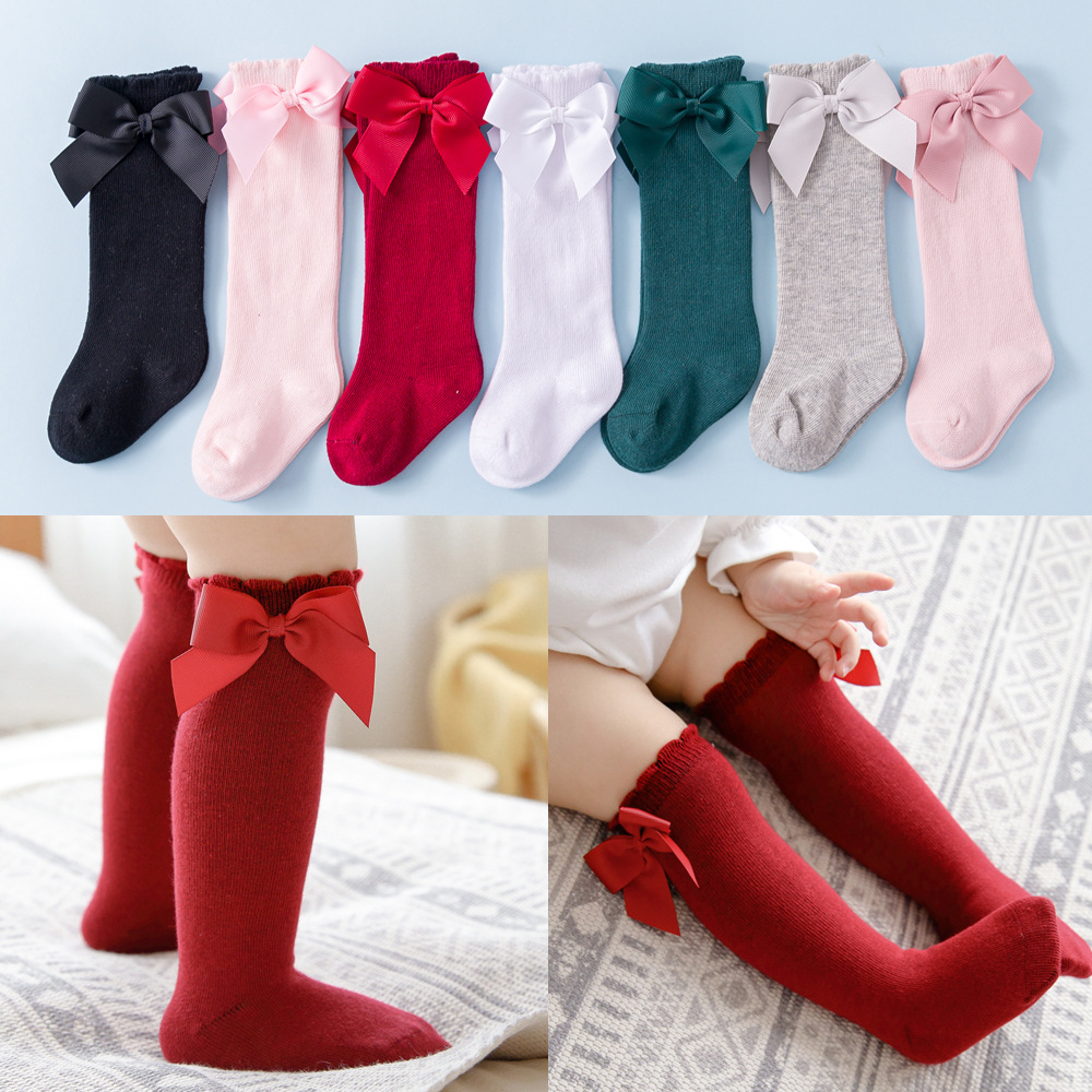 Zachte Katoenen Baby Meisje Sokken Herfst Winter Leuke Boog Prinses Meisje Kniekousen Effen Kleur Elastische Baby Peuter Kinderen Sokken