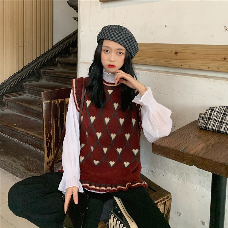 Dame sweater vest koreansk stil vintage hjerter mønster flæser strikket ærmeløs pullover toppe vest strik  t485