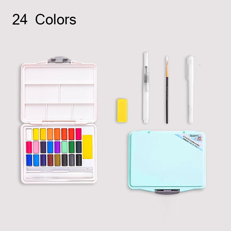 Giorgione Solid Watercolor Pigments Set 24/36/48 Colors Student Portable With Water Brush Hook Pens School Painting Art Supplies: 24-Blue