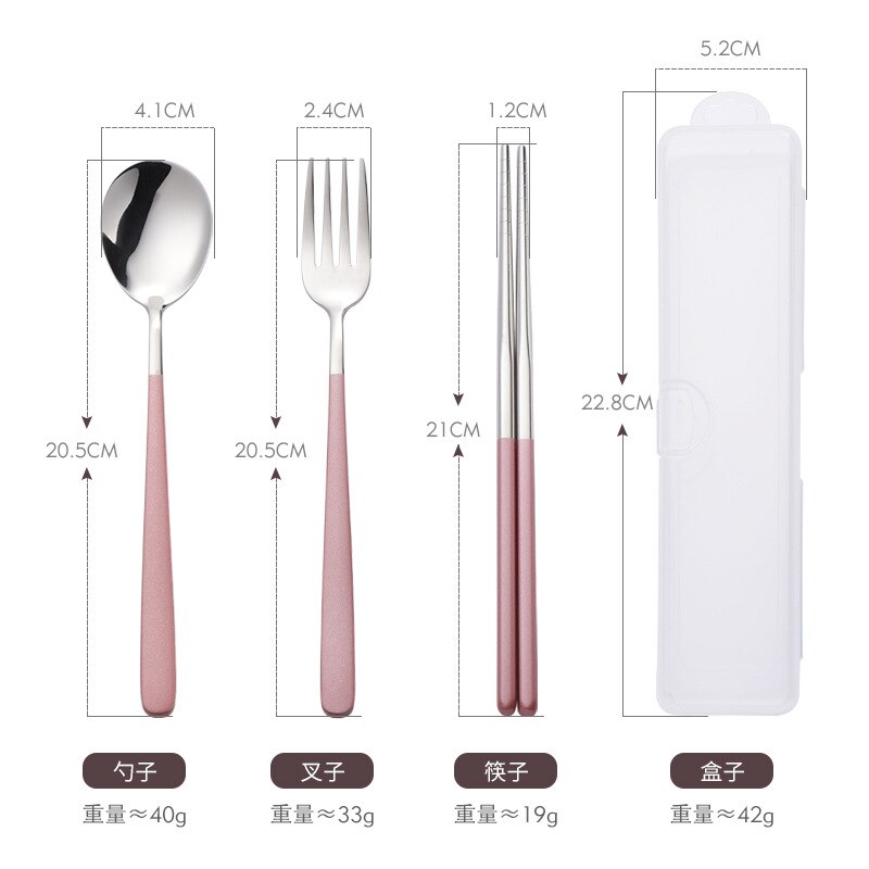 Korean Style 304 Stainless Steel Portable Tableware Set Fork Spoon Chopsticks Three-piece Set Outdoor Travel Tableware Set: 3pcs Pink