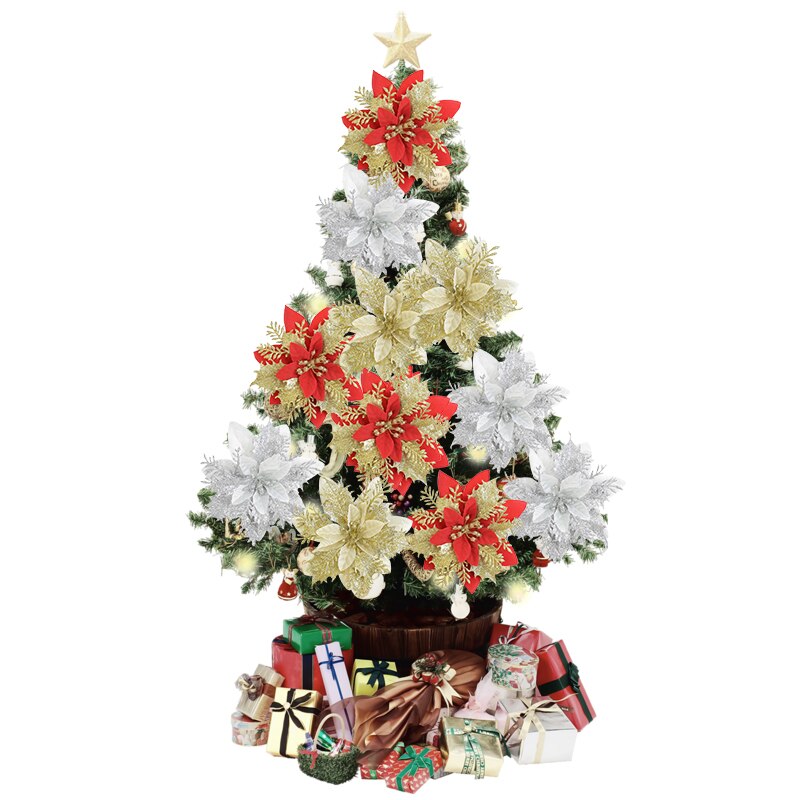 5 stk 14cm store hovedroser glitter kunstige blomster julestjerne juletræspynt til jul hjem dekoration bryllup blomster