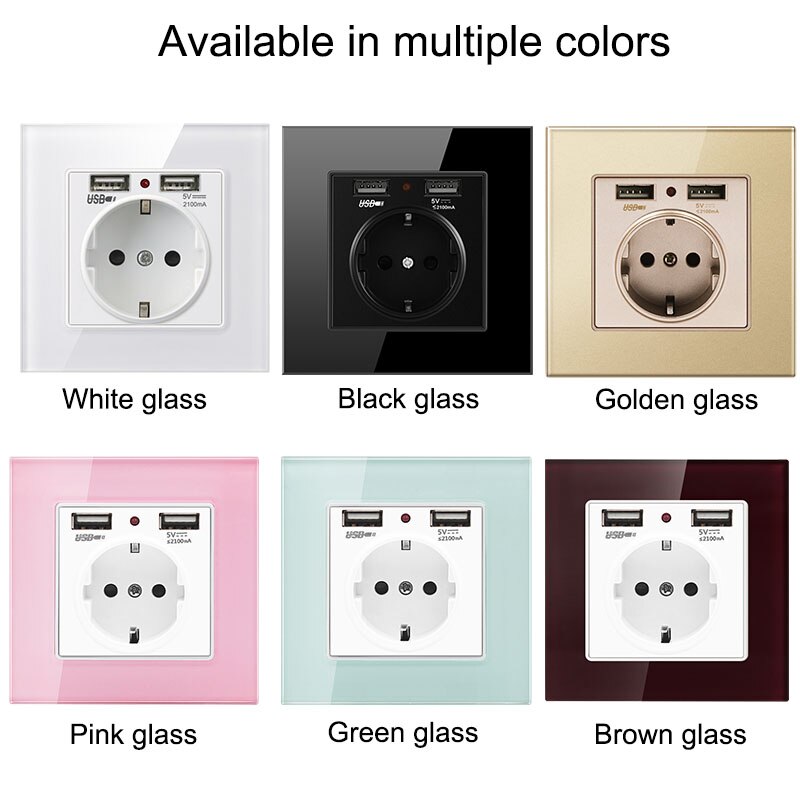 EU Standard Electrical Socket with USB Ports 16A Wall Charger Adapter Power Outlet 86*86mm Room Sockets PC/Glass Panel Optional