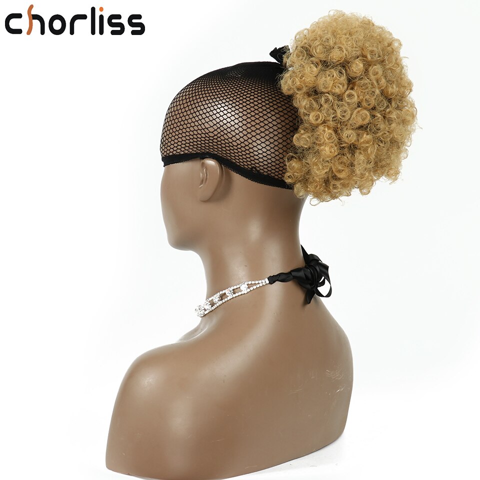 Chorliss – Chignon synthétique, postiche queue de cheval frisée courte marron bouffante à cordon de serrage, Chignon bouclé court