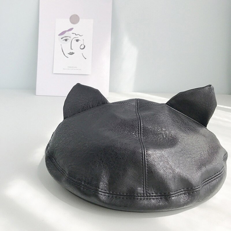 ¡Novedad de ! boina bonita femenina de lana con orejas de gato de cuero PU, gorro de pintor a la adecuado para chica dulce BLM32: Black