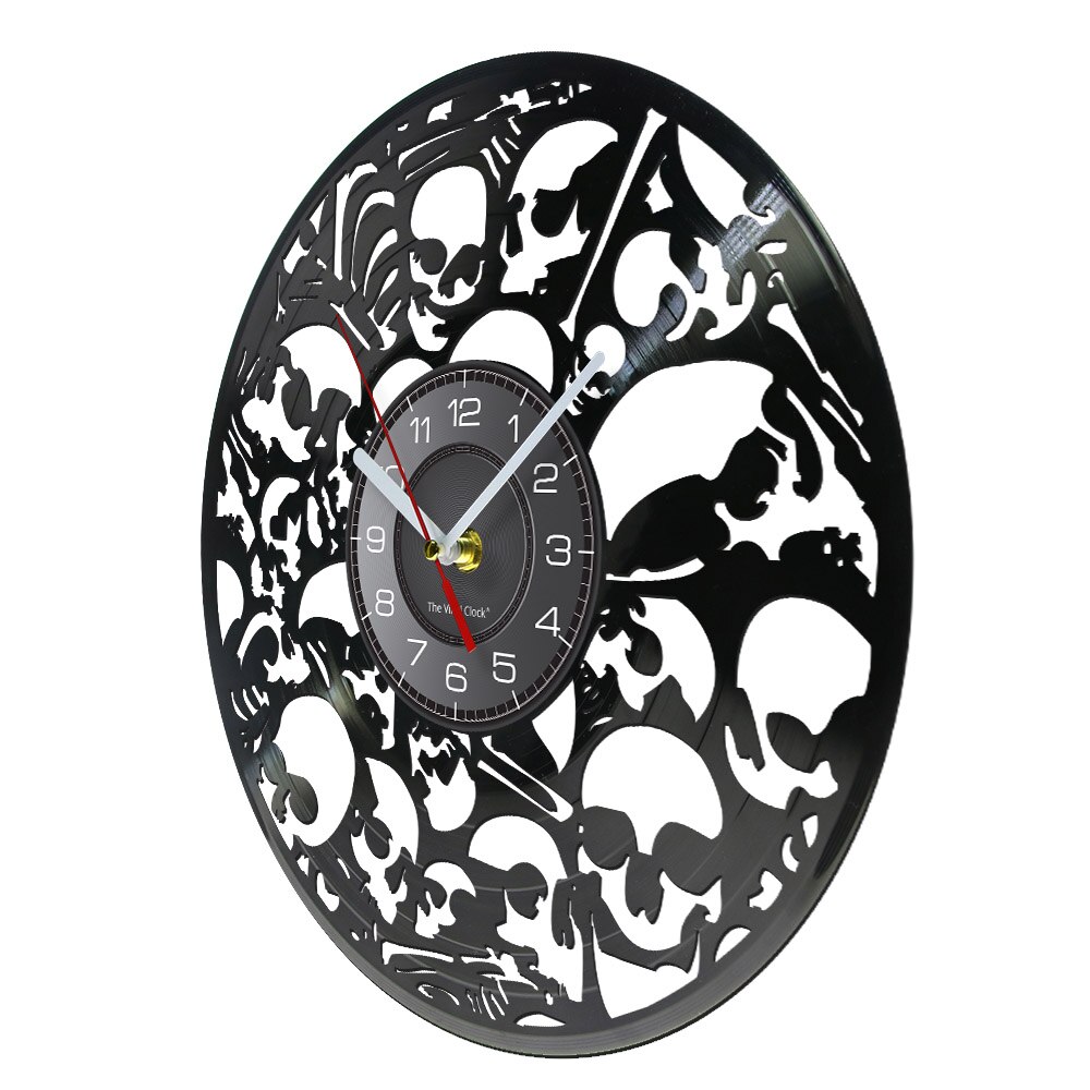 Horloge murale tête squelette mort disque vinyle | Horloge murale faite de disque vinyle, Vintage, crânes pilées, décoration murale Art Halloween horreur