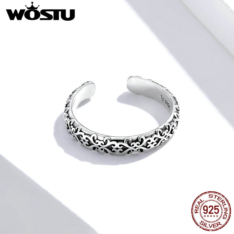 WOSTU Authentic 925 Sterling Silver Stackable Vintage Wave Open Ring for Women Korean Sterling Silver Jewelry CQR657