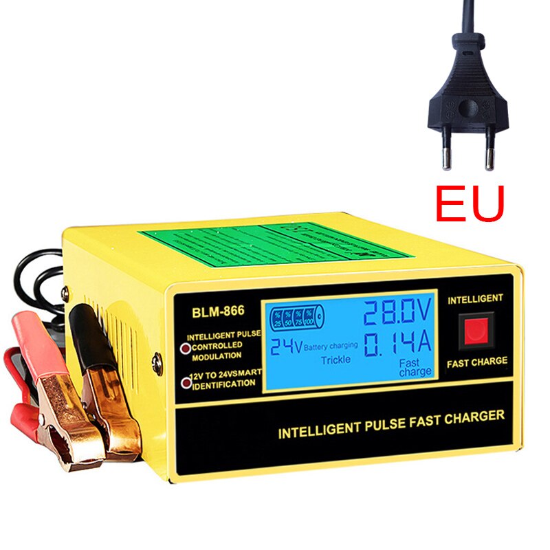 English LCD Display Full Automatic Car Battery Charger 150V/250V To 12V 24V Smart Fast Power Charging For Wet Dry Lead Acid: EU-Yellow