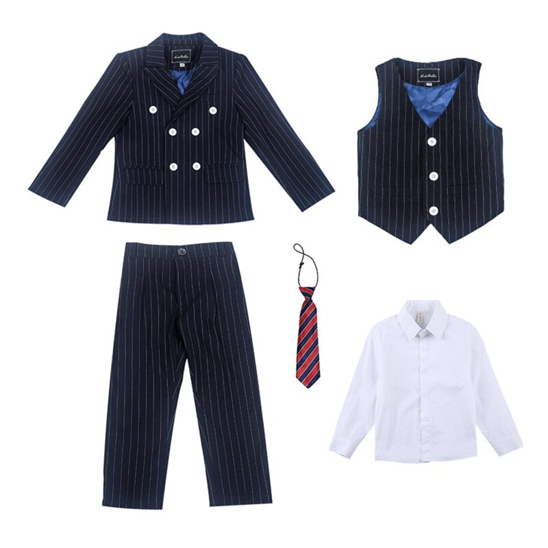Boy Striped Suit Jacket Kids Formal Tuxedo Dress Double breasted Clothes Sets Child Wedding Morning Coat Blazer Pants Costumes