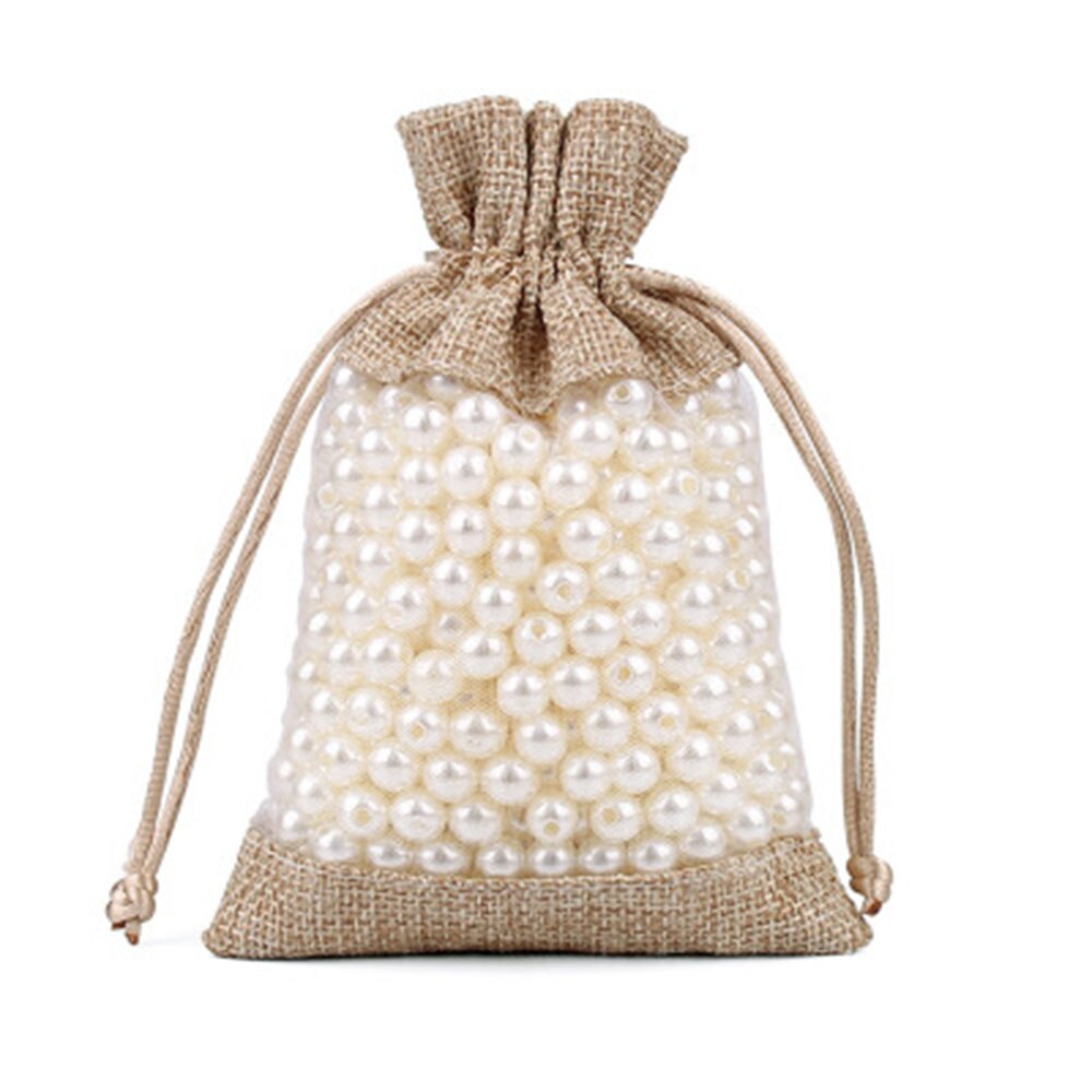 2Pcs/lot Linen Bag Organza Bag Stitching Drawstring Bag Jewelry Packaging Bags Wedding Party Pouches: Tan