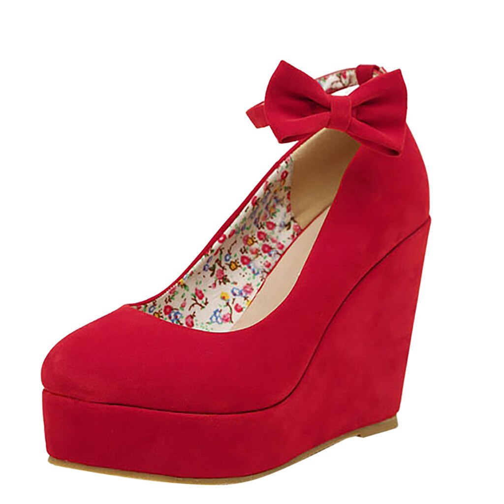 Høje hæle røde sløjfe sko kvinder kilehælene flok læder pumps forår sorte kiler bryllupsfest kiler sandaler dame sko: Rød / 41